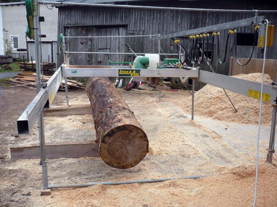 Ein Stamm liegt auf dem Sägewerk auf dem Hof in Bärenstein.